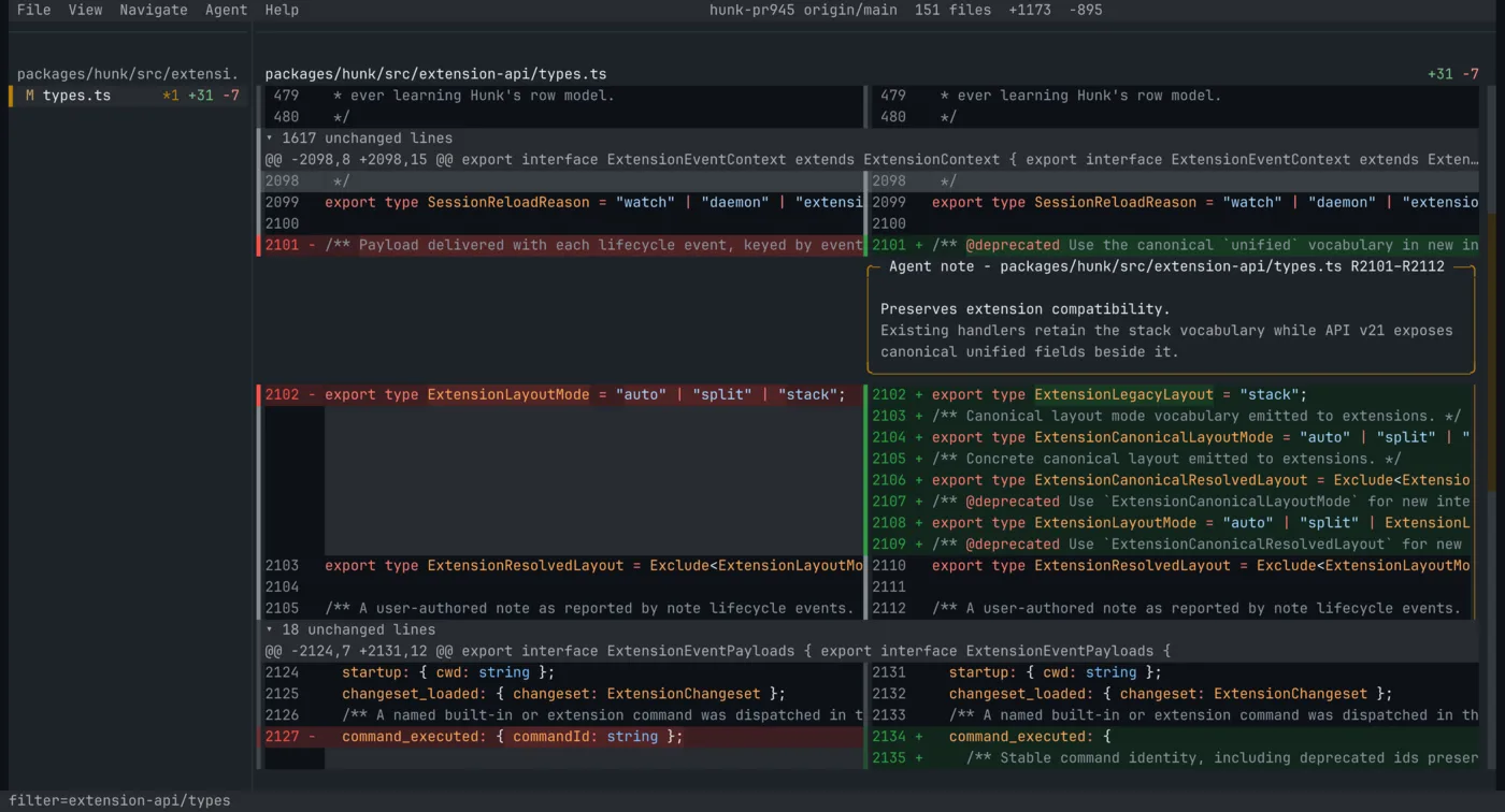 Hunk showing a split diff with a file sidebar and inline agent notes.