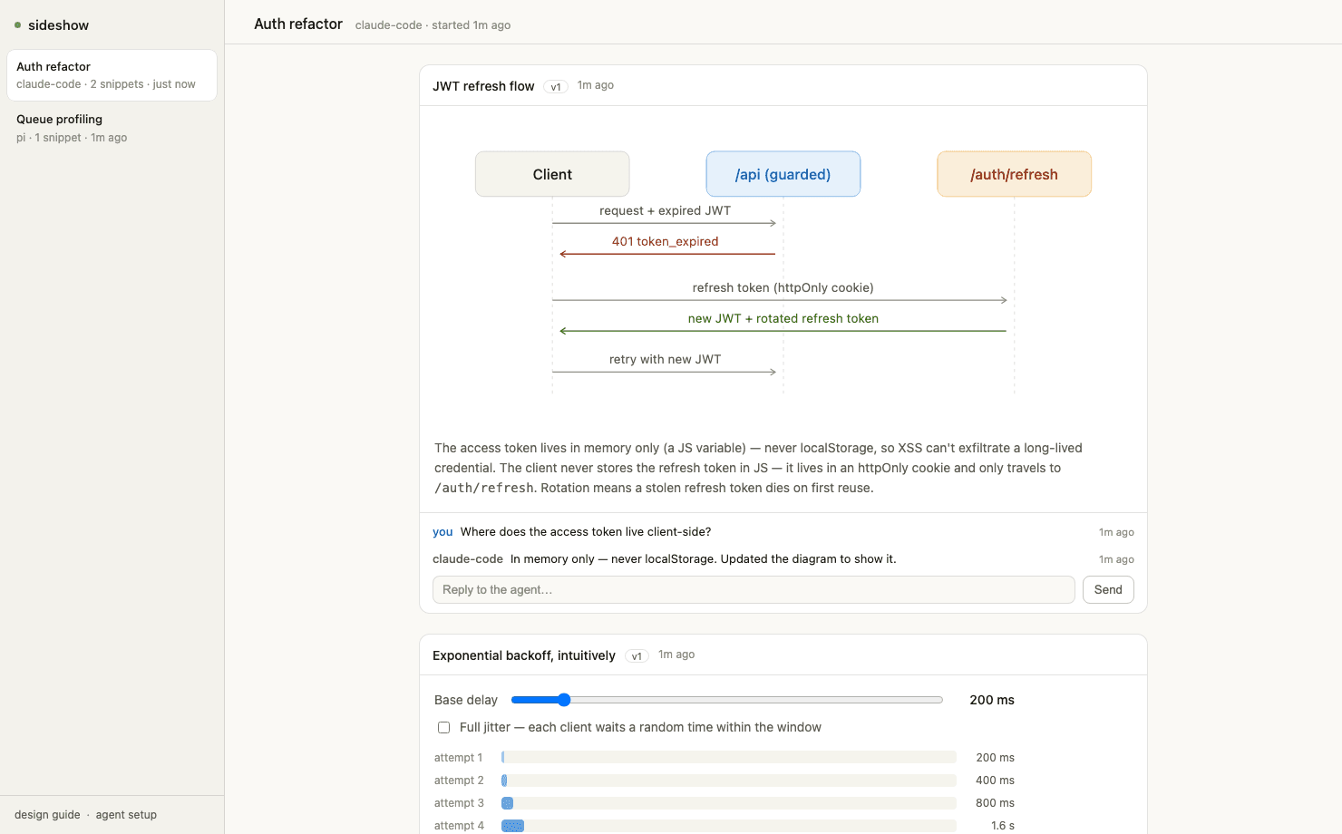Sideshow showing agent sessions, a flow diagram, and a comment thread.